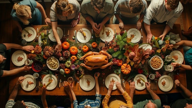 Warm Thanksgiving family gathering with a festive dinner table, showcasing togetherness and gratitude