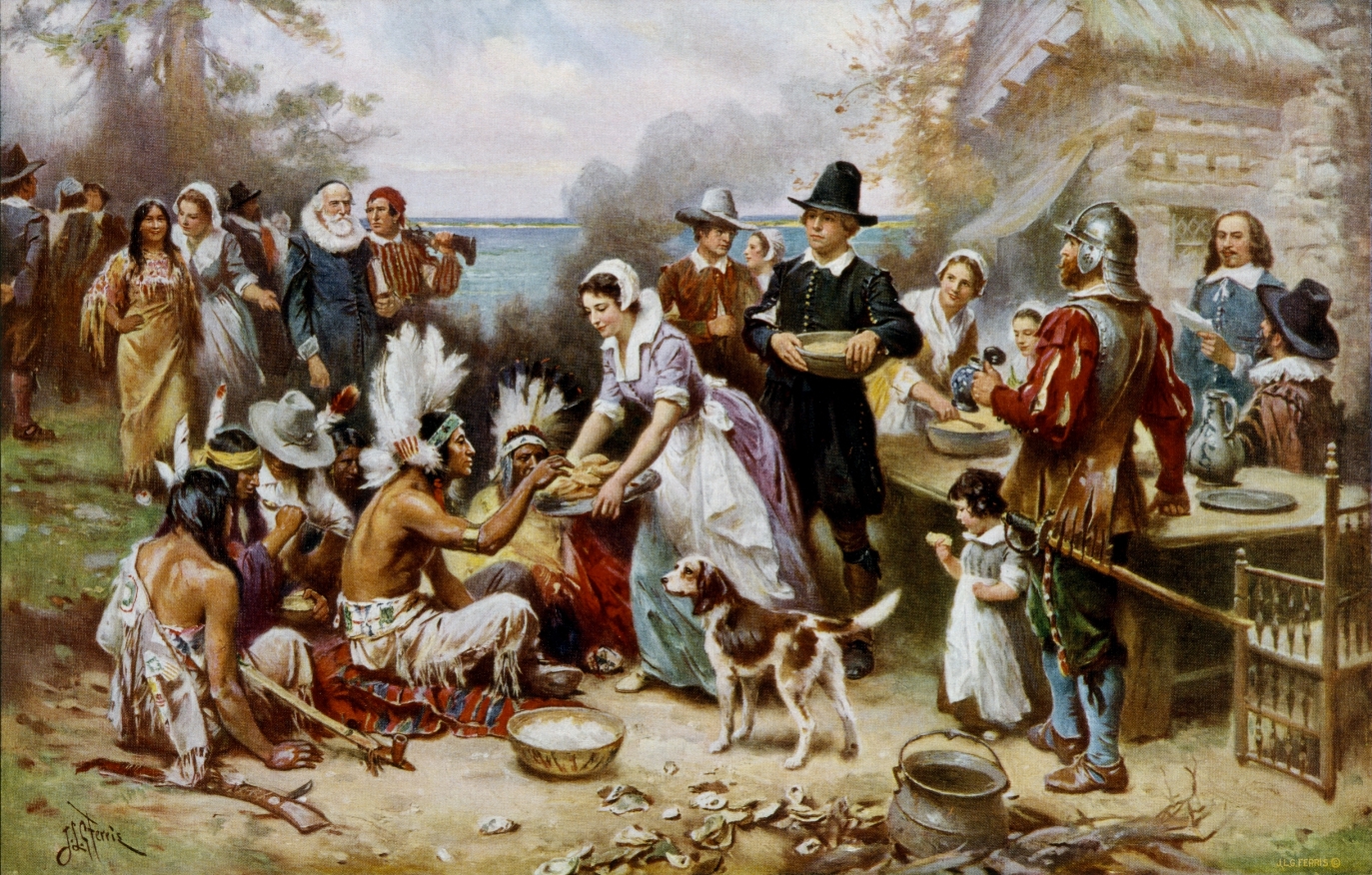 Historical illustration of early Pilgrim and Indigenous harvest gathering, representing Thanksgiving's colonial origins