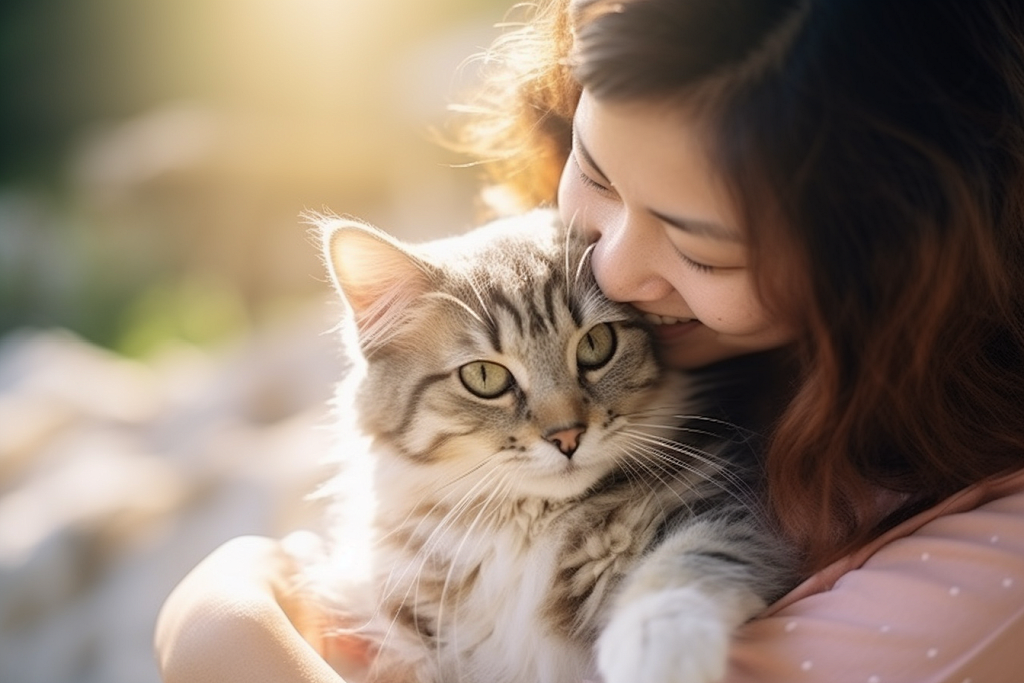 Cat owner with healthy cat using smart feeder