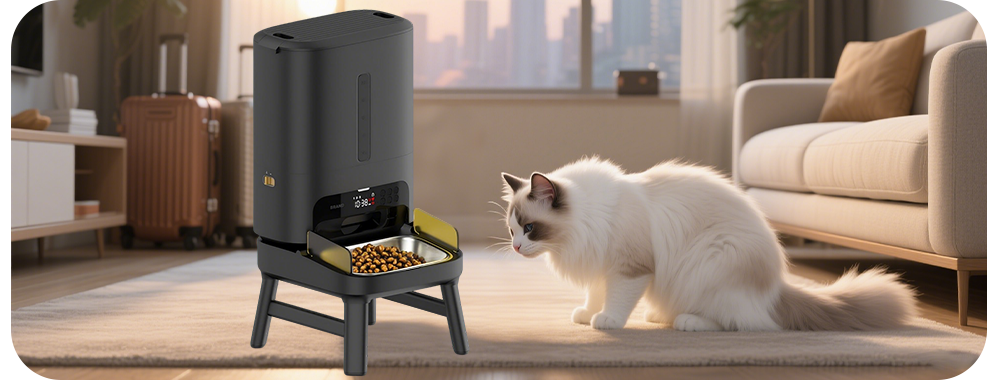 Automatic pet feeder with a cat eating scheduled meal